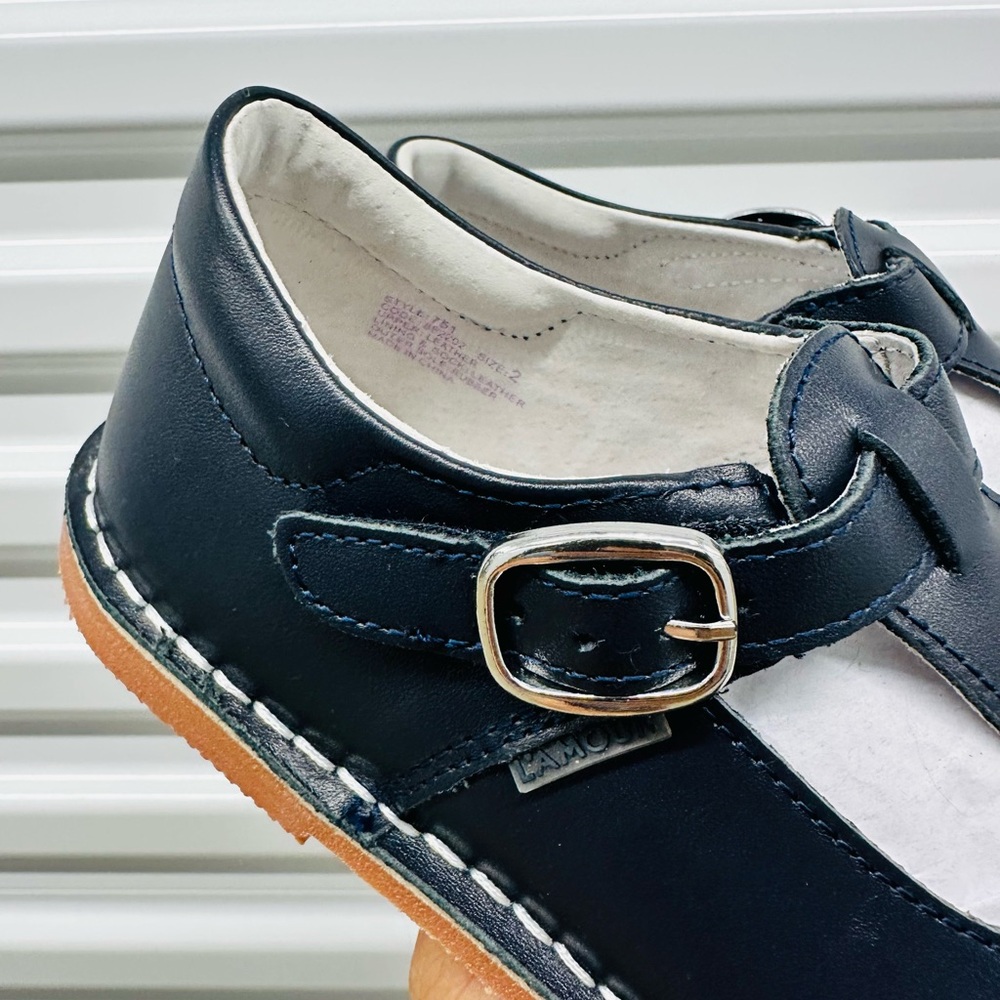 L'Amour Joy Navy T‑Bar Leather Kids Shoes with Buckle - NEW - Picture 3 of 6